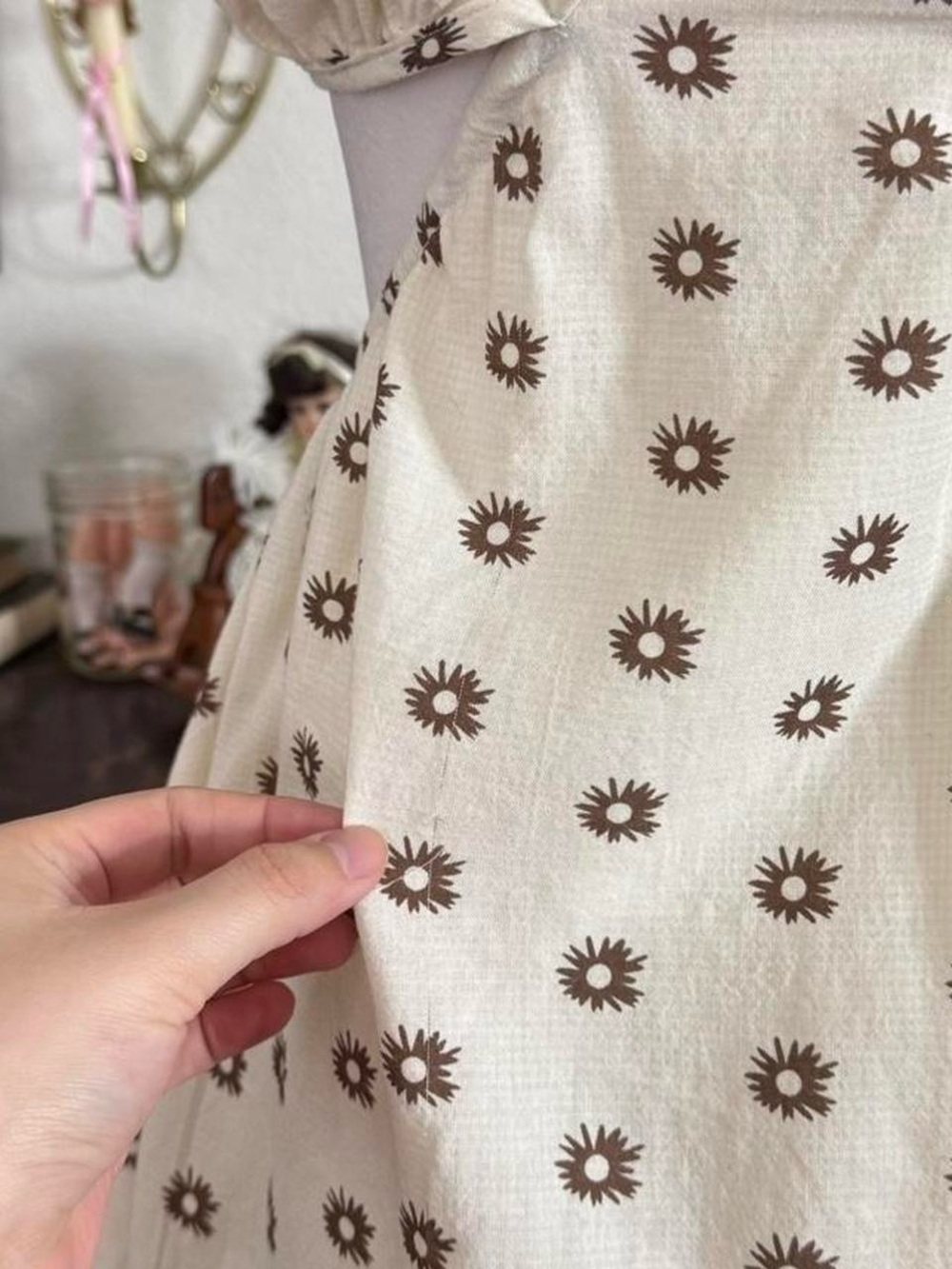 Ivory Floral Cutout Mini Dress - Puff Sleeve - Picture 6 of 6